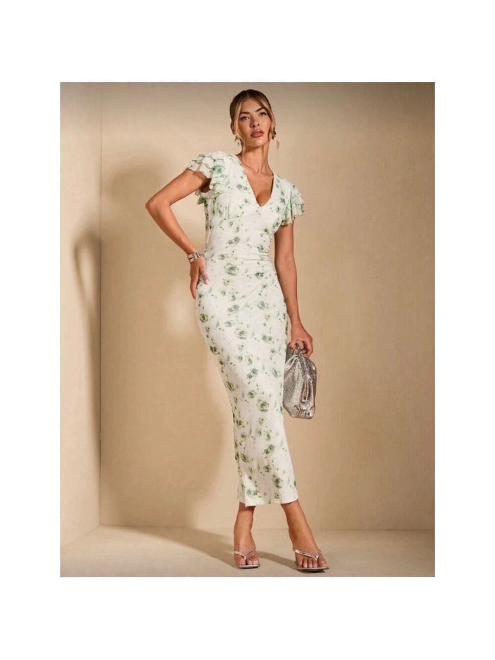 White Green Floral Maxi Dress Ruffle Sleeve Bodycon XS